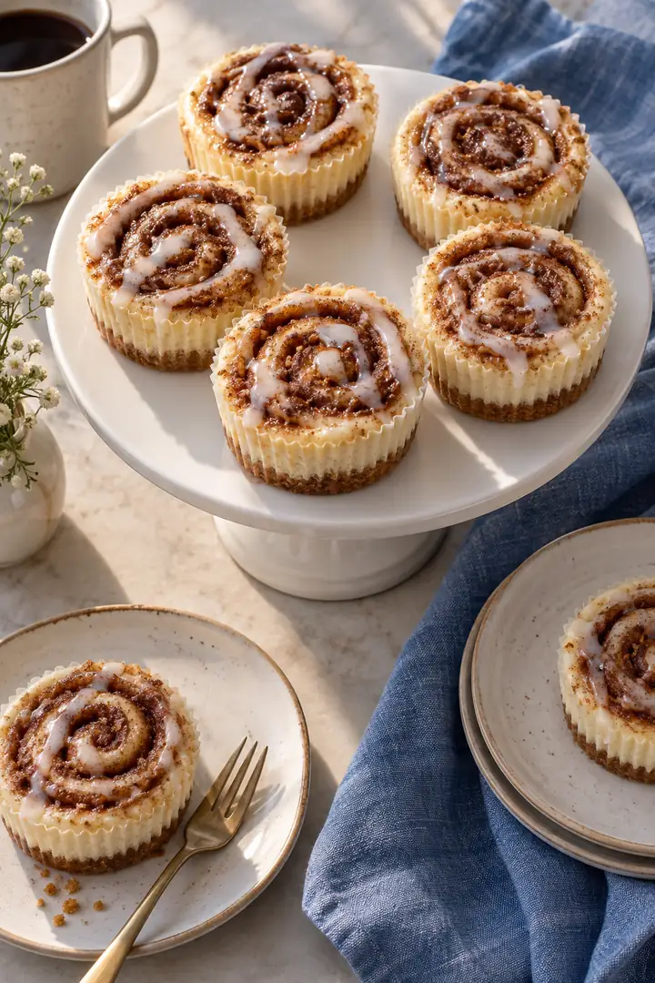 Several finished cheesecakes on a serving platter, each with a spiral and thin glaze
