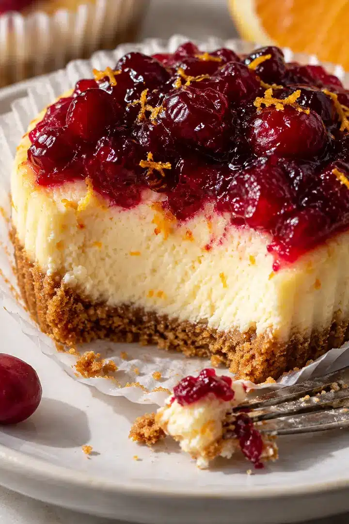 Mini Cranberry Orange Cheesecakes 5 Cut Mini Cranberry Orange Cheesecakes showing creamy filling, gingersnap crust, and cranberry topping