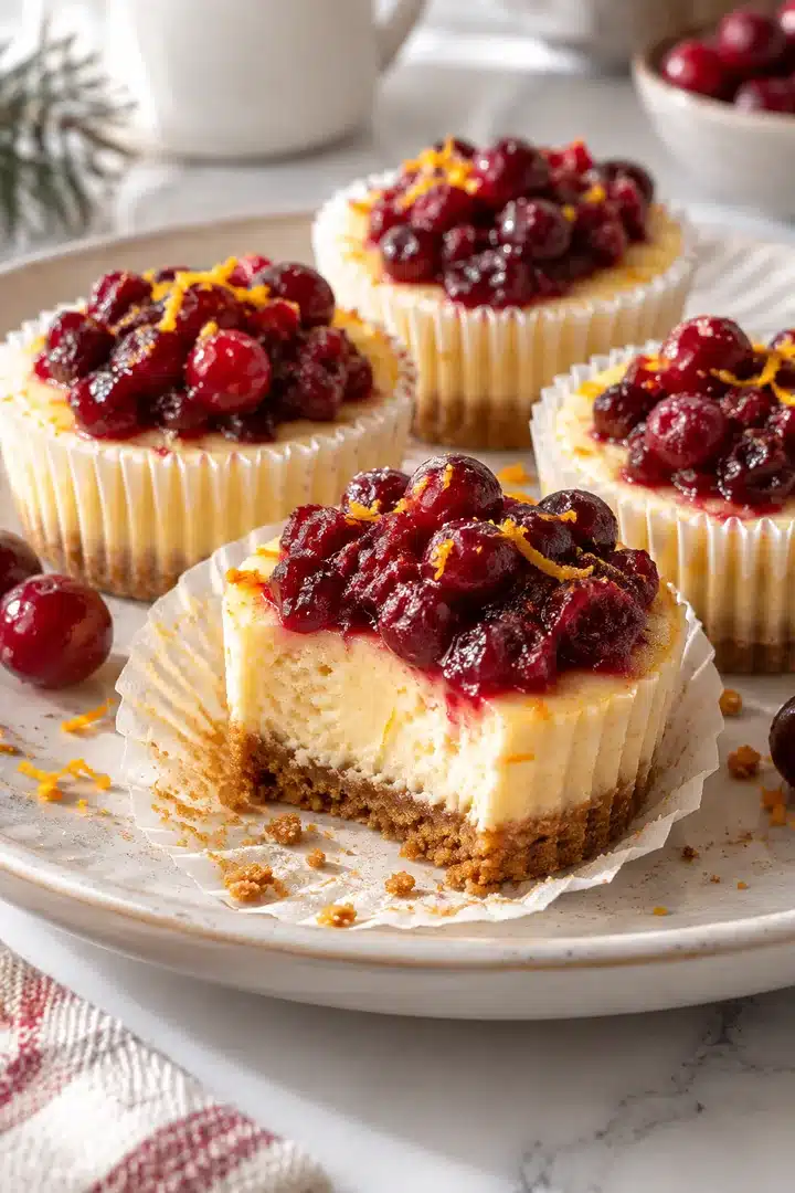 Mini Cranberry Orange Cheesecakes 1 Mini Cranberry Orange Cheesecakes with gingersnap crust and cranberry topping