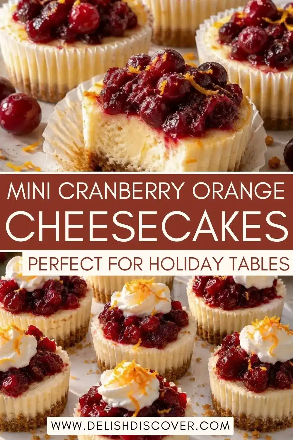 Mini cranberry orange cheesecakes with creamy citrus filling, cranberry topping, whipped cream, orange zest, and gingersnap crusts.