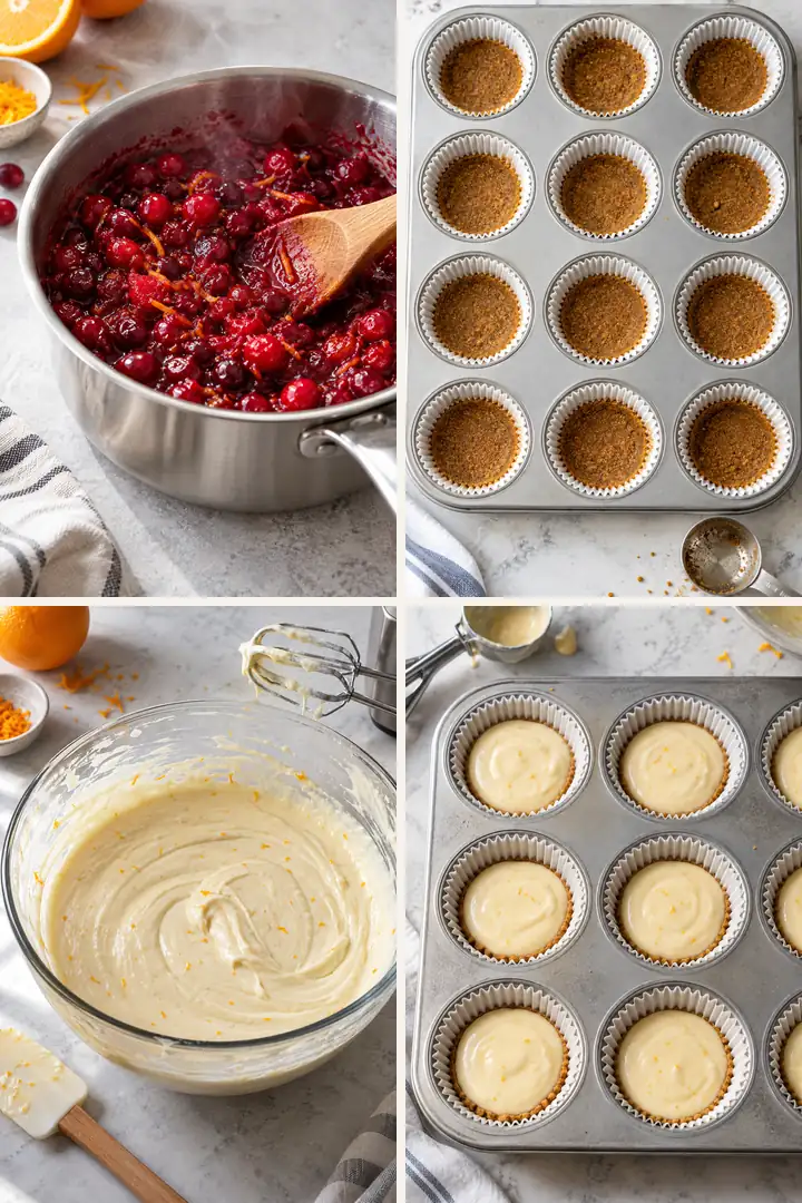 Mini Cranberry Orange Cheesecakes 4 Four steps for making Mini Cranberry Orange Cheesecakes in a muffin pan