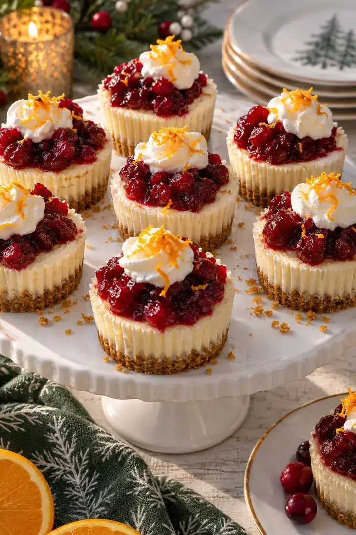 Mini Cranberry Orange Cheesecakes 6 Mini Cranberry Orange Cheesecakes arranged on a cake stand for holiday serving