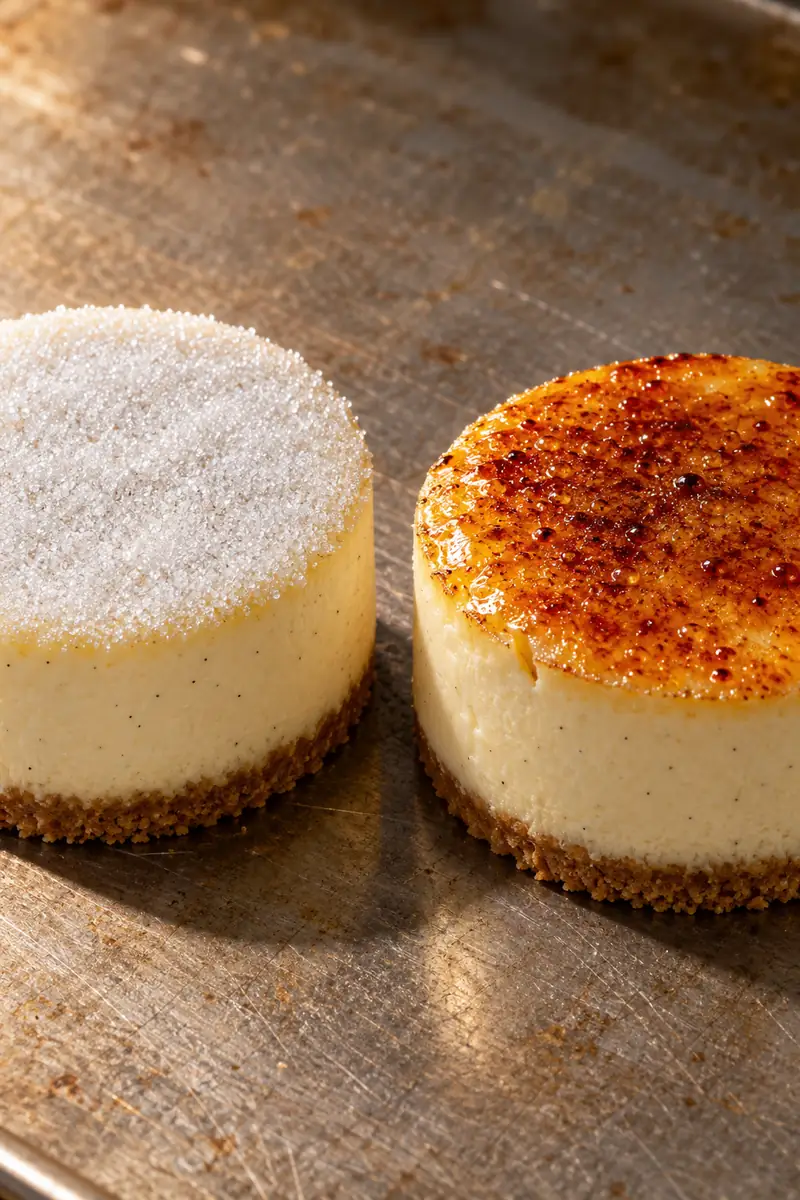 Close-up of a thin white sugar layer before torching beside an amber caramelized shell after torching