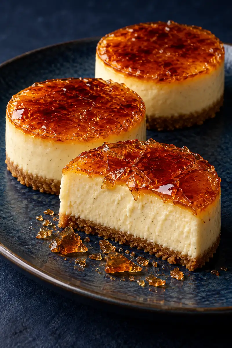 Mini crème brûlée cheesecakes with crackly amber sugar tops and thin graham crusts