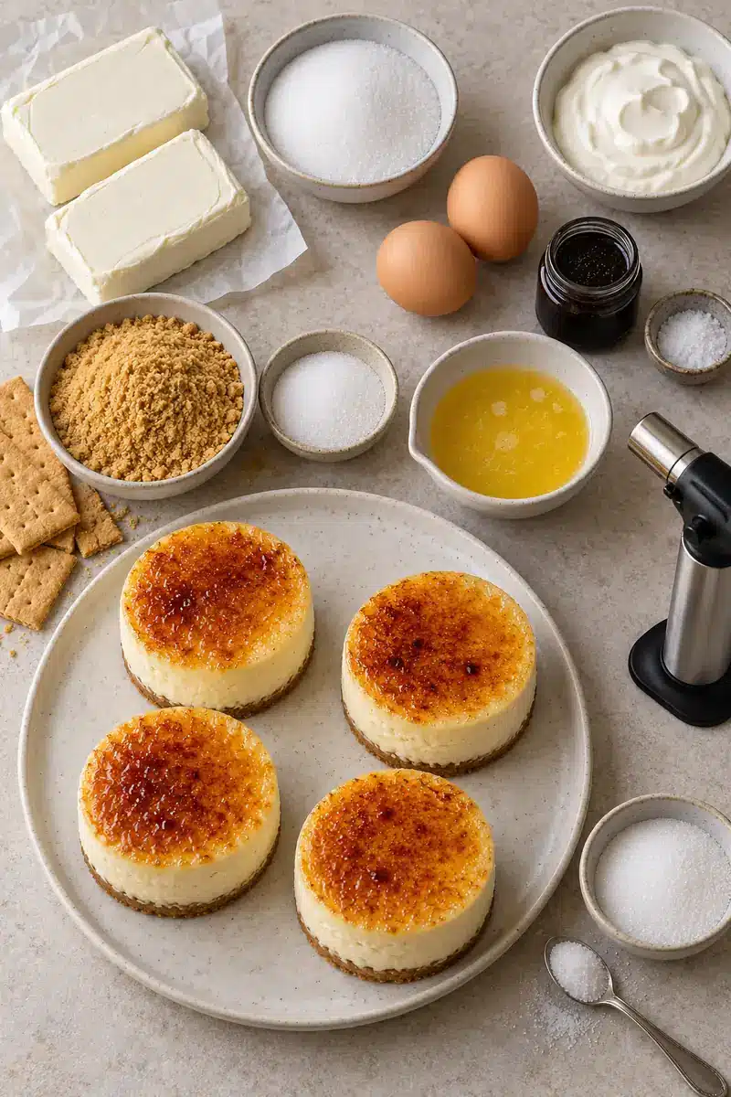 Cream cheese, two eggs, sour cream, graham crumbs, butter, vanilla paste, and separate bowls of crust, filling, and finishing sugar
