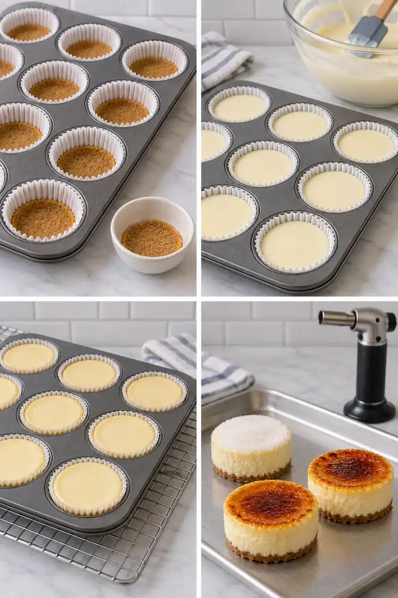 Four stages: pressed graham crusts, smooth filled liners, chilled baked cheesecakes, and liner-free portions with golden sugar tops