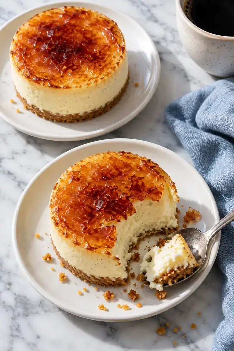 Two finished cheesecakes on white saucers with freshly cracked sugar shells