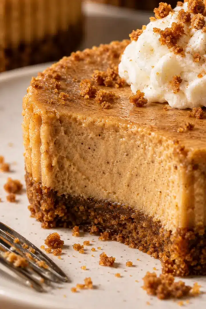 Cut Mini Gingerbread Cheesecakes showing creamy spiced filling and gingersnap crust