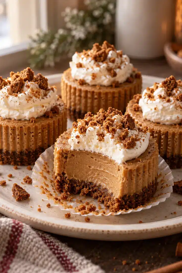 Mini Gingerbread Cheesecakes with gingersnap crust and whipped cream