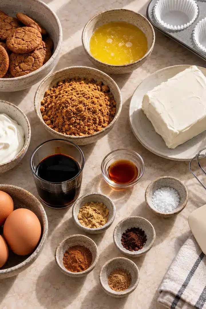 Ingredients for Mini Gingerbread Cheesecakes arranged on a kitchen counter