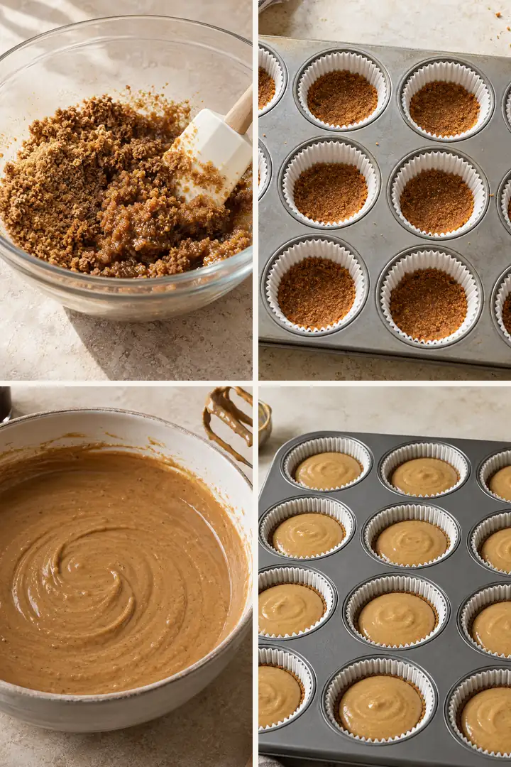 Four steps for making Mini Gingerbread Cheesecakes in a muffin pan