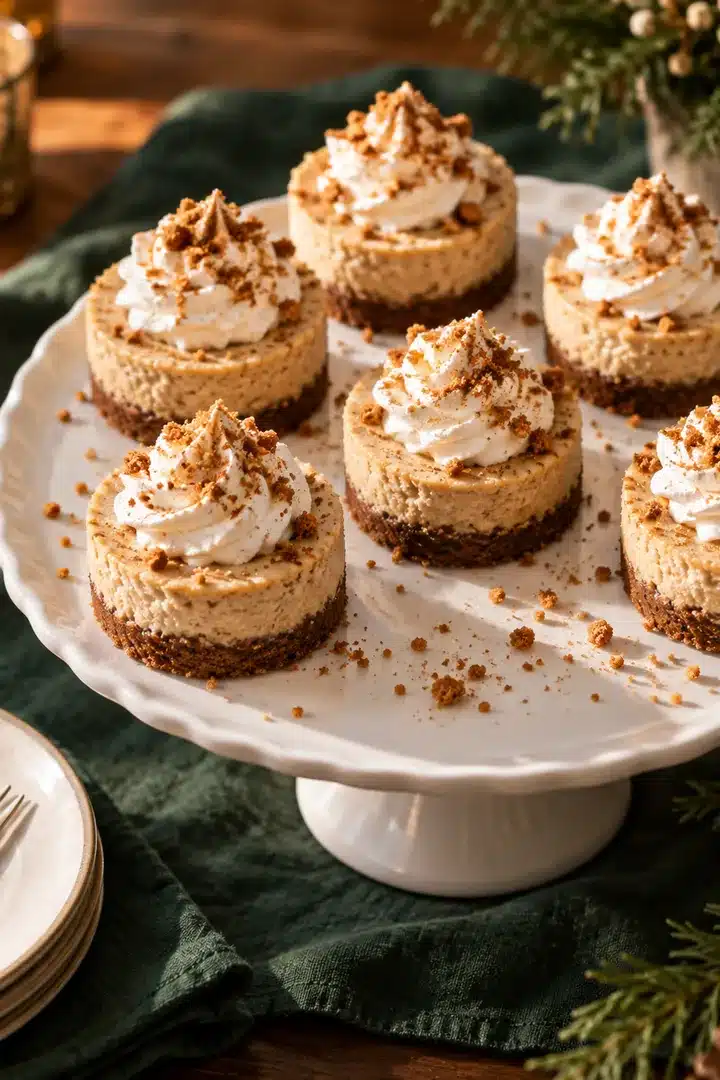 Mini Gingerbread Cheesecakes arranged on a holiday dessert stand