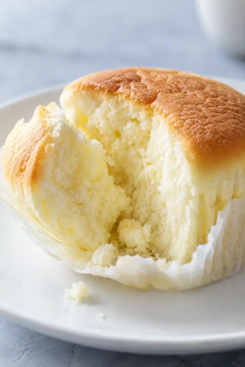 Mini Japanese Cotton Cheesecakes 2 Close view of the fine, airy crumb inside an individual cotton cheesecake