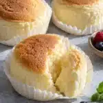 Mini Japanese Cotton Cheesecakes 10 Mini Japanese cotton cheesecakes with a torn cake showing the airy crumb