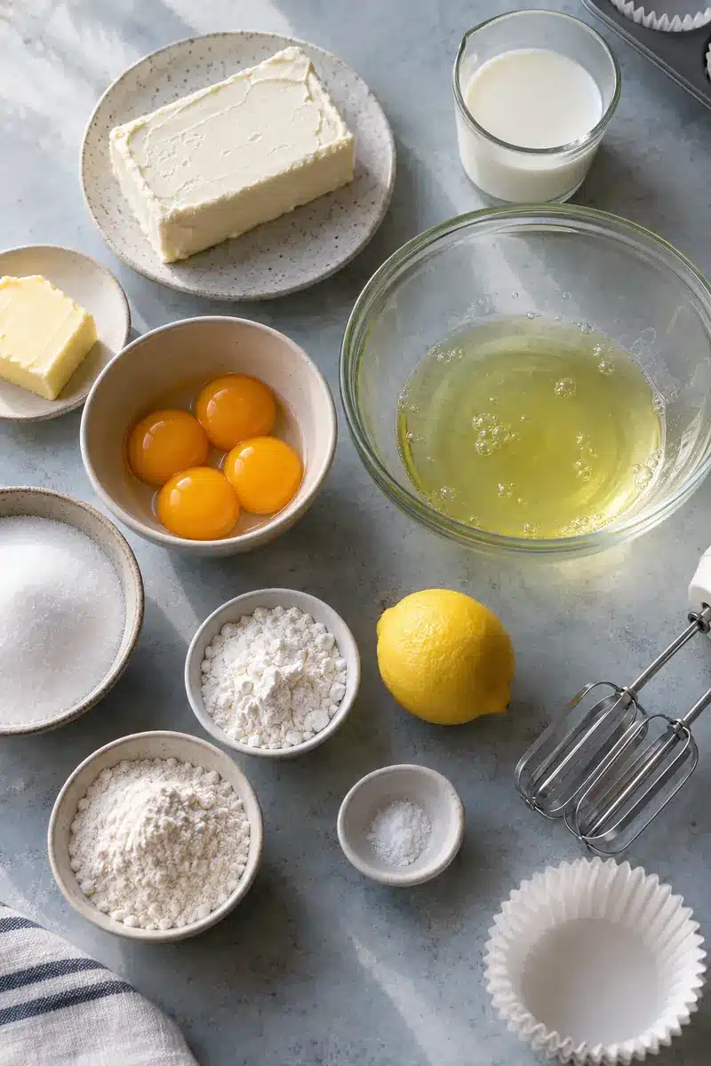 Mini Japanese Cotton Cheesecakes 4 Cream cheese, separated eggs, milk, flour, sugar, and liners laid out for the recipe