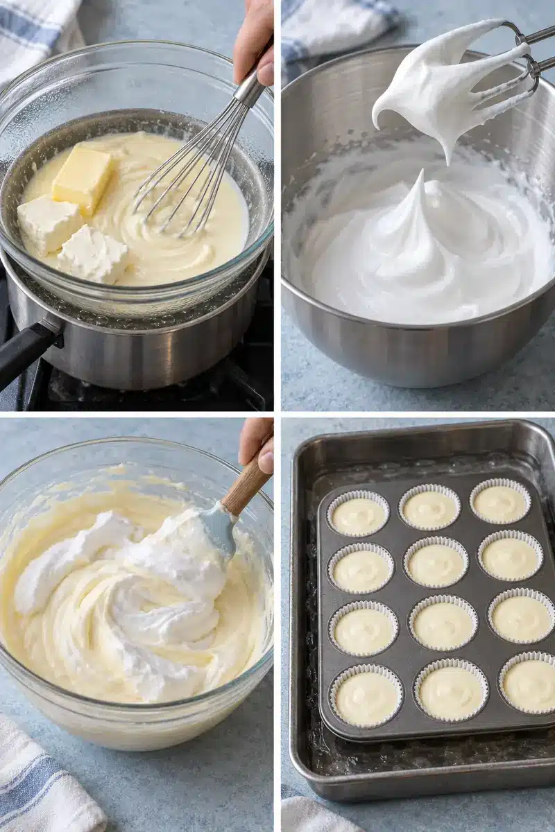Mini Japanese Cotton Cheesecakes 5 Four steps showing the smooth cheese base, glossy meringue, folding, and filled muffin tin in a water bath