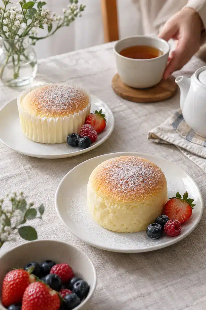 Mini Japanese Cotton Cheesecakes 6 Individual cotton cheesecakes served with berries and tea