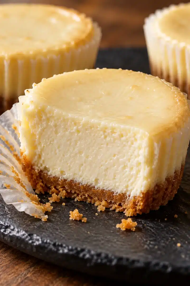 Mini New York Cheesecakes with Graham Cracker Crusts 5 Cut cheesecake showing a smooth dense filling above a thin graham cracker base