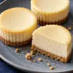 Mini New York Cheesecakes with Graham Cracker Crusts 10 Mini New York cheesecakes with plain tops and thin graham crusts, one cut open
