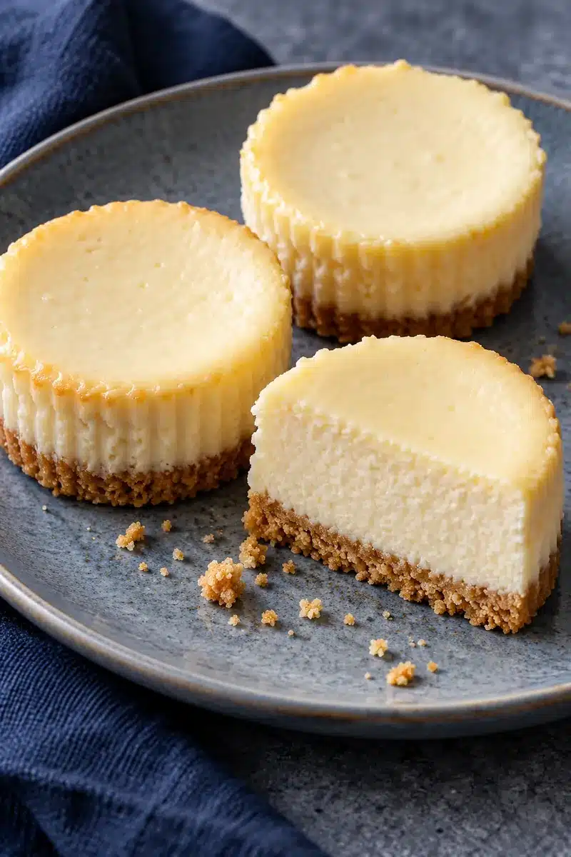 Mini New York Cheesecakes with Graham Cracker Crusts 1 Mini New York cheesecakes with plain tops and thin graham crusts, one cut open