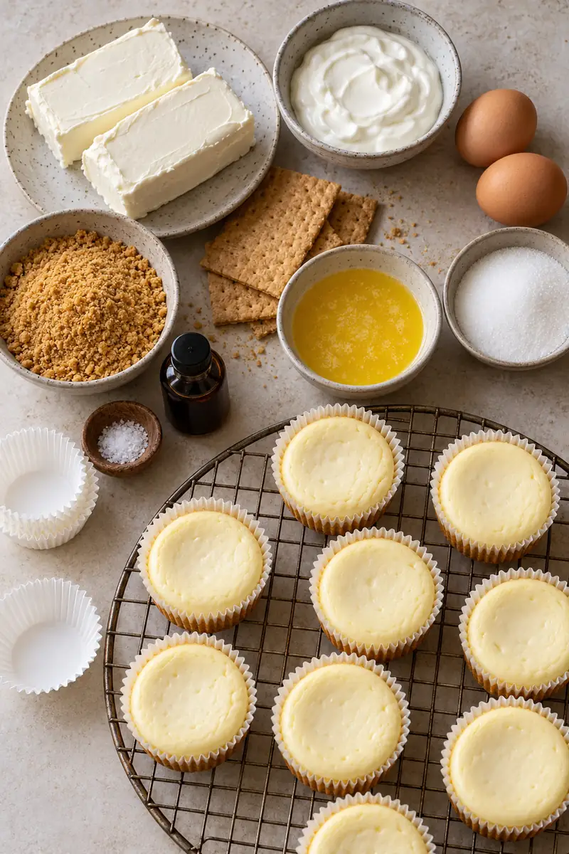 Mini New York Cheesecakes with Graham Cracker Crusts 3 Block cream cheese, sour cream, two eggs, graham crumbs, butter, sugar, vanilla, and liners