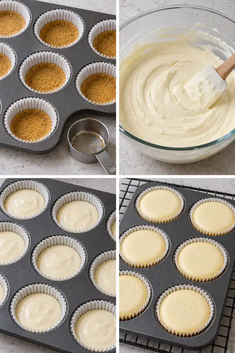 Mini New York Cheesecakes with Graham Cracker Crusts 4 Four panels showing pressed graham bases, smooth cheesecake batter, filled liners before baking, and cooled baked cheesecakes