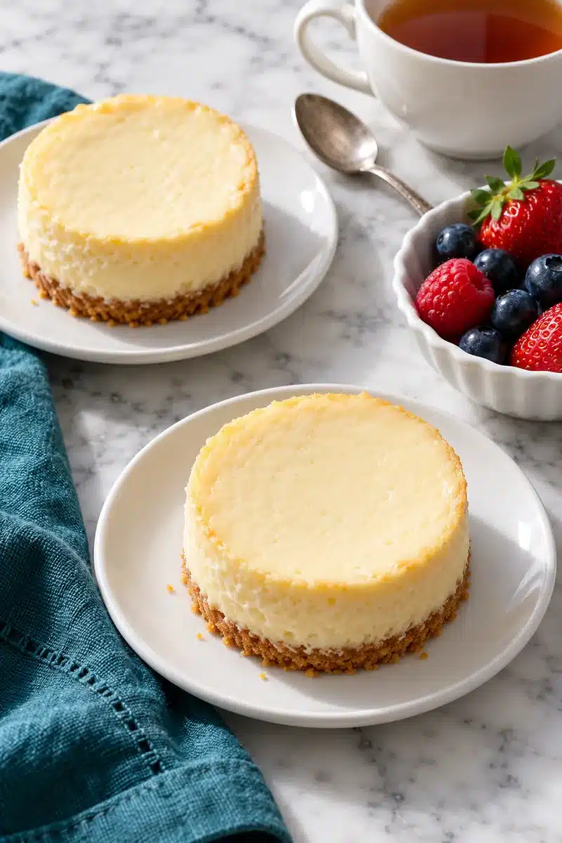 Mini New York Cheesecakes with Graham Cracker Crusts 6 Two plain individual cheesecakes served with optional berries in a separate bowl