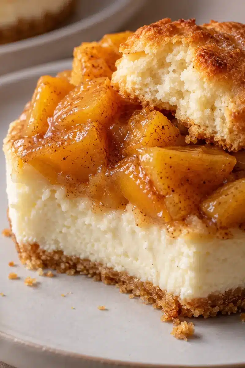 Cut mini cheesecake showing creamy vanilla filling, thin graham base, peaches and biscuit