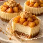 Mini peach cobbler cheesecakes with diced peaches and small golden biscuit toppers