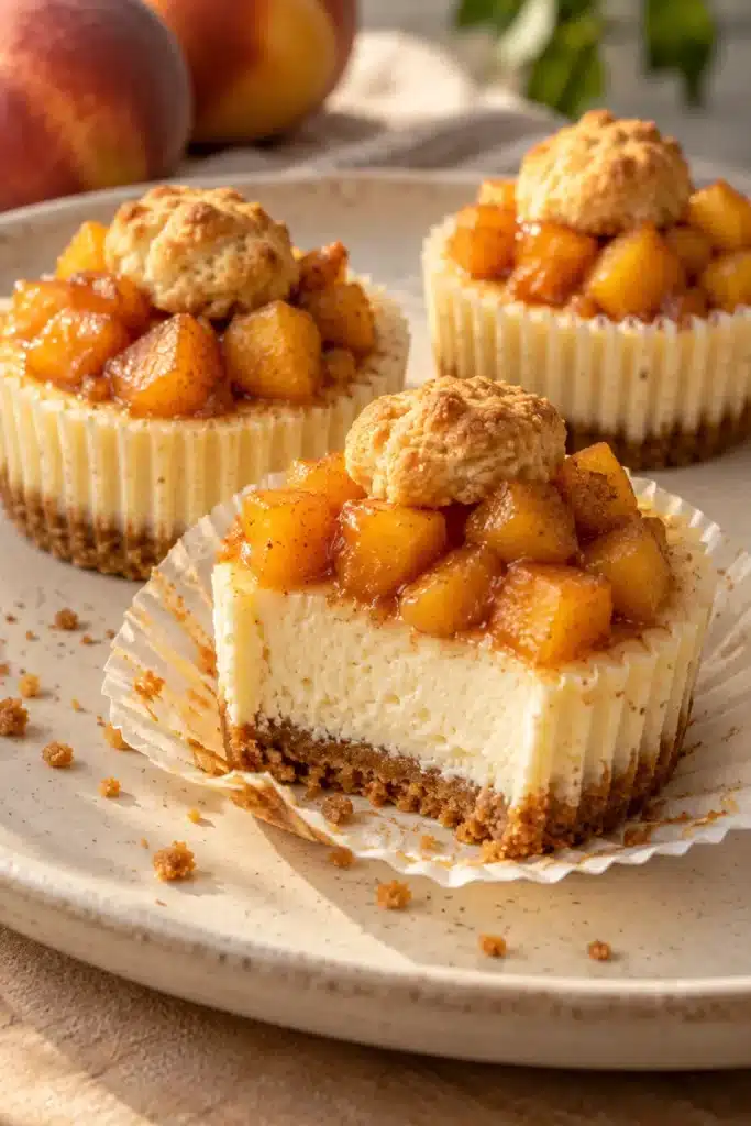 Mini Peach Cobbler Cheesecakes with Spiced Peaches and Biscuit Topping