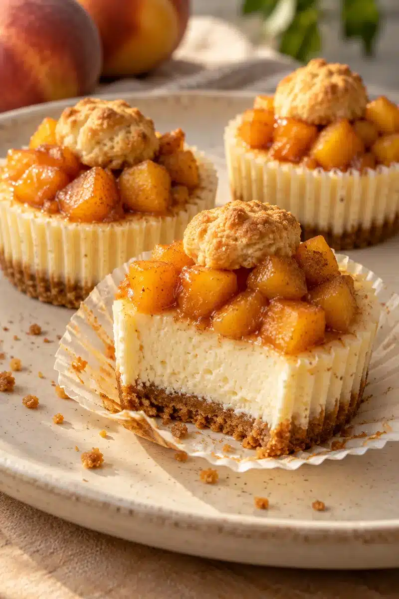 Mini peach cobbler cheesecakes with diced peaches and small golden biscuit toppers