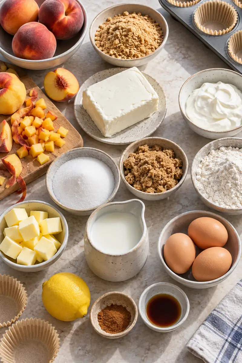 Graham crumbs, cream cheese, peaches and biscuit ingredients arranged on a counter
