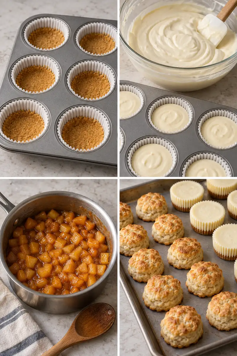 Four panels showing pressed crusts, cheesecake batter, thick peaches and baked mini biscuits