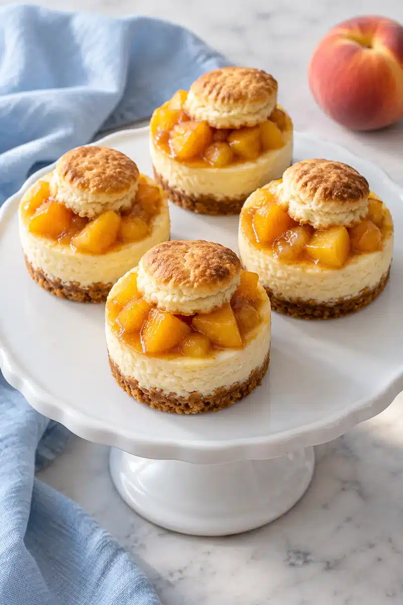 Peach-topped mini cheesecakes with biscuit pieces on a serving plate