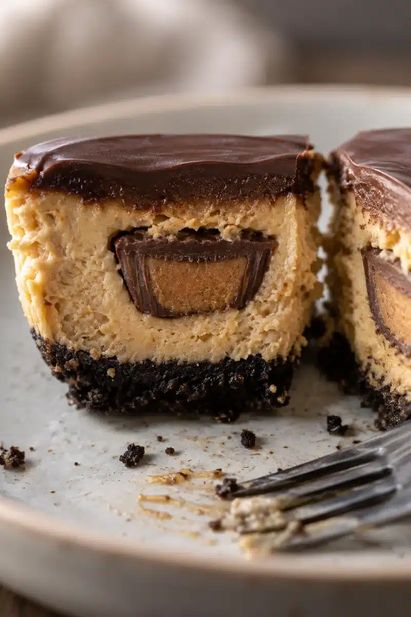 Mini Peanut Butter Cup Cheesecakes 5 Cut cheesecake showing peanut butter cup center in creamy filling over chocolate crumb crust