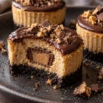 Mini Peanut Butter Cup Cheesecakes 11 Mini Peanut Butter Cup Cheesecakes with a cut center showing the hidden candy