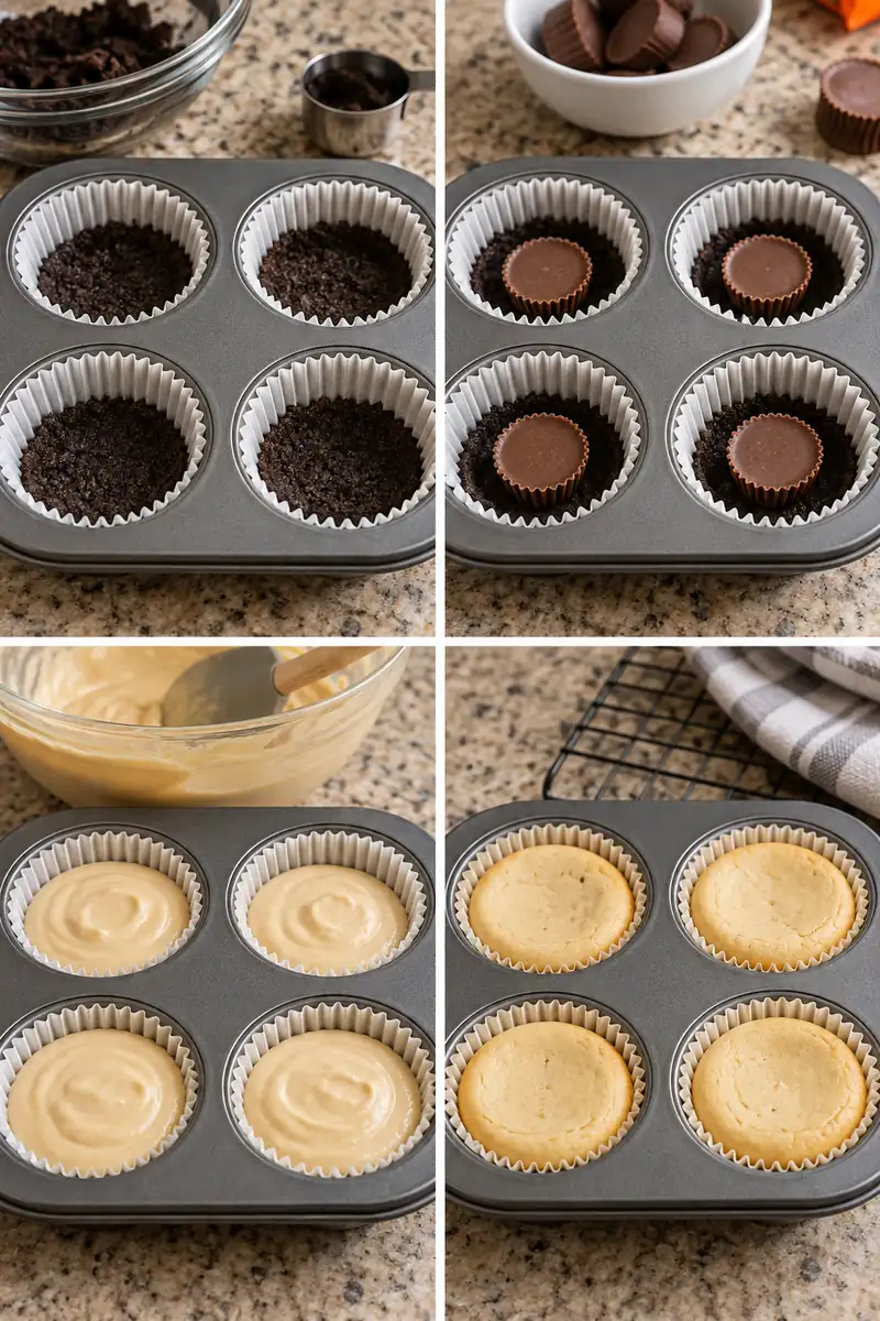 Mini Peanut Butter Cup Cheesecakes 4 Four steps showing cookie crusts, peanut butter cups, batter, and baked mini cheesecakes