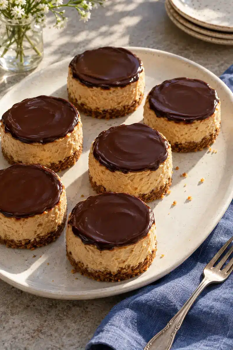 Mini Peanut Butter Cup Cheesecakes 6 Individual peanut butter cheesecakes with thin chocolate ganache on a serving platter