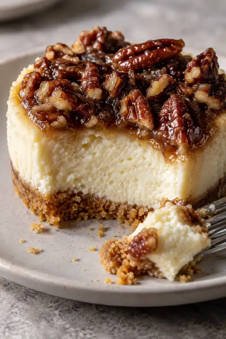 Mini Pecan Pie Cheesecakes 5 Cut Mini Pecan Pie Cheesecakes showing creamy filling, graham crust, and toasted pecans