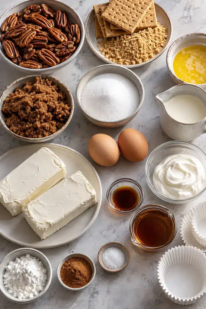 Mini Pecan Pie Cheesecakes 3 Ingredients for Mini Pecan Pie Cheesecakes arranged on a kitchen counter