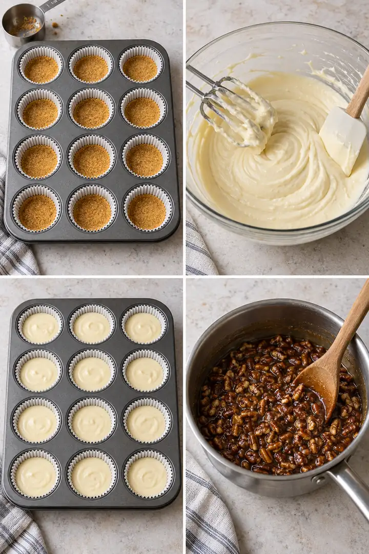 Mini Pecan Pie Cheesecakes 4 Four steps for making Mini Pecan Pie Cheesecakes in a muffin pan
