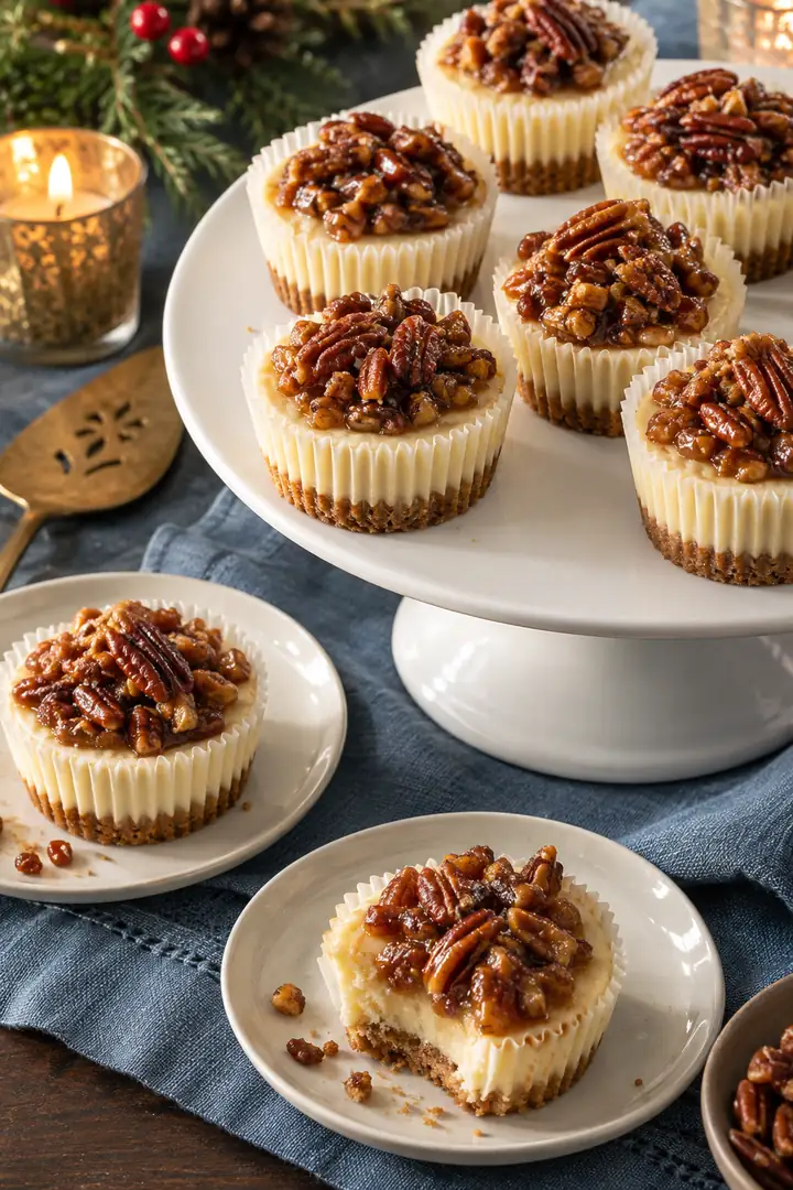 Mini Pecan Pie Cheesecakes 6 Mini Pecan Pie Cheesecakes arranged on a cake stand for holiday serving