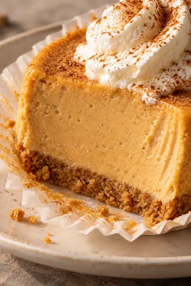 Cut Mini Pumpkin Cheesecakes showing creamy filling and graham crust