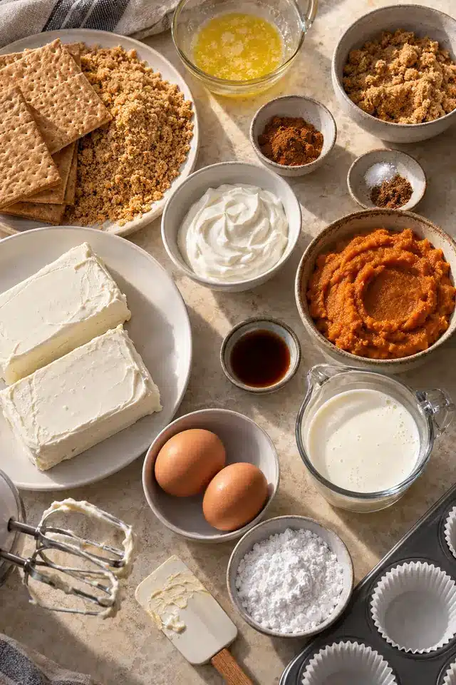 Ingredients for Mini Pumpkin Cheesecakes arranged on a kitchen counter