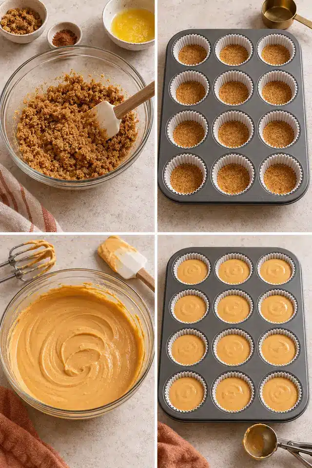 Four steps for making Mini Pumpkin Cheesecakes in a muffin pan