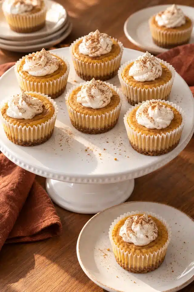 Mini Pumpkin Cheesecakes arranged on an autumn dessert stand
