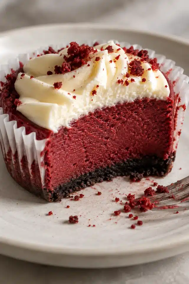 Mini Red Velvet Cheesecakes 5 Cut Mini Red Velvet Cheesecakes showing creamy red filling and dark cookie crust