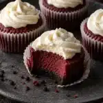 Mini Red Velvet Cheesecakes with chocolate cookie crusts and cream cheese swirls