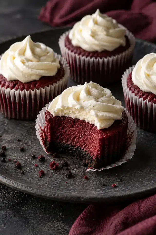 Mini Red Velvet Cheesecakes 1 Mini Red Velvet Cheesecakes with chocolate cookie crusts and cream cheese swirls