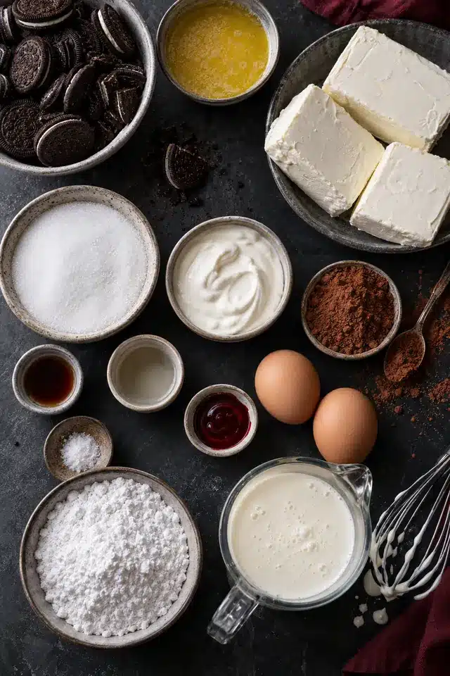 Mini Red Velvet Cheesecakes 3 Ingredients for Mini Red Velvet Cheesecakes arranged on a dark kitchen counter